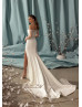 Off Shoulder Pearls Beaded Ivory Satin Slit Wedding Dress